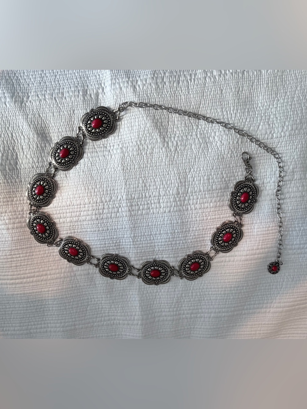 Belt Vintage-Inspired Silver Tone Red Stone Concho Belt adjustable chain
